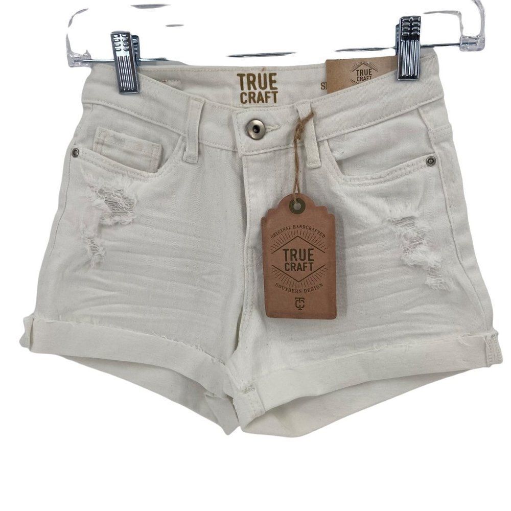 True Craft Distressed Midrise Denim Cuffed‎ Shorts White Size 1 NWT